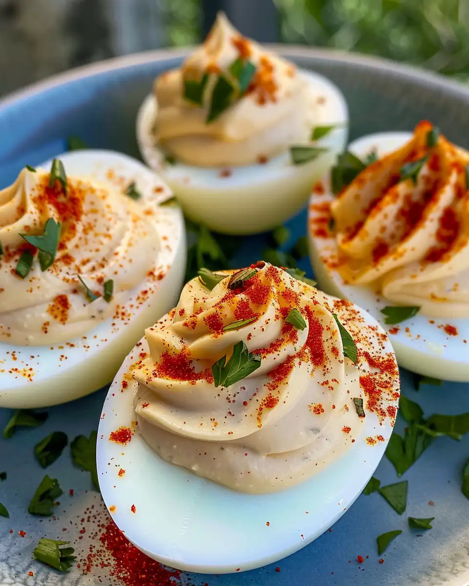 Finished classic deviled eggs ready to serve on a white plate
