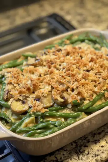 Classic green bean casserole taken with iphone 15 pro max --iw 2 --ar 4:5 --v 6.1 --raw