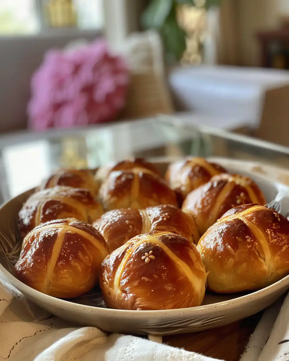 Final golden brown hot cross buns ready to serve