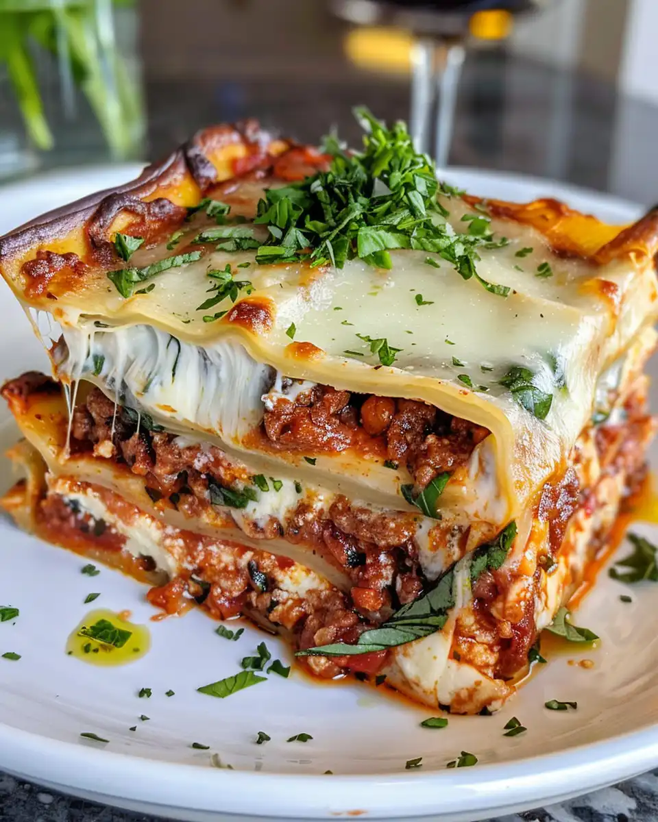 Golden crispy top of classic lasagna fresh from the oven