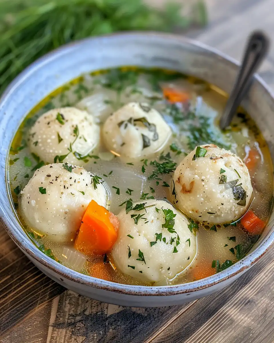 Close up of bowl with classic matzo ball soup served