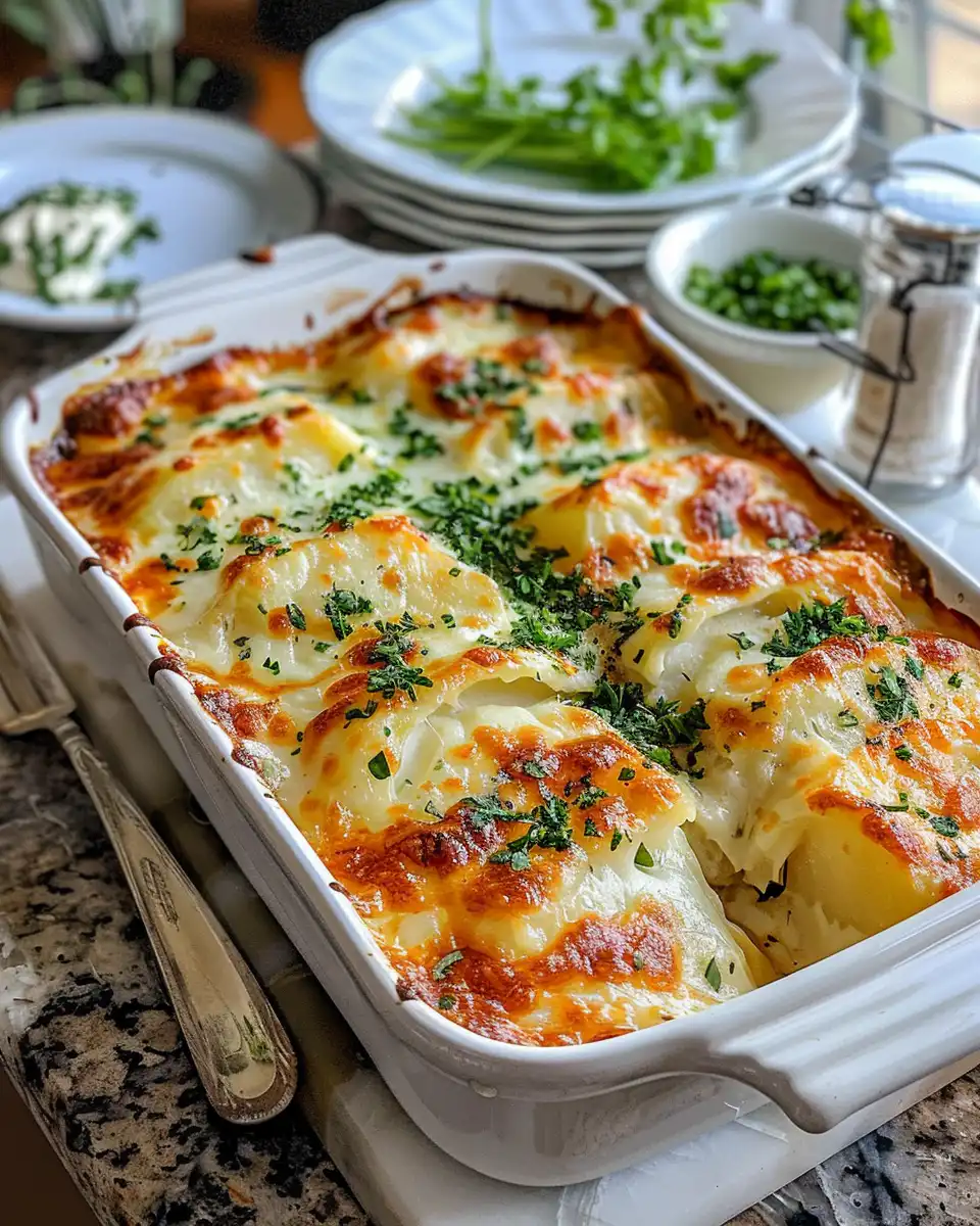 Final creamy scalloped potatoes with golden brown top