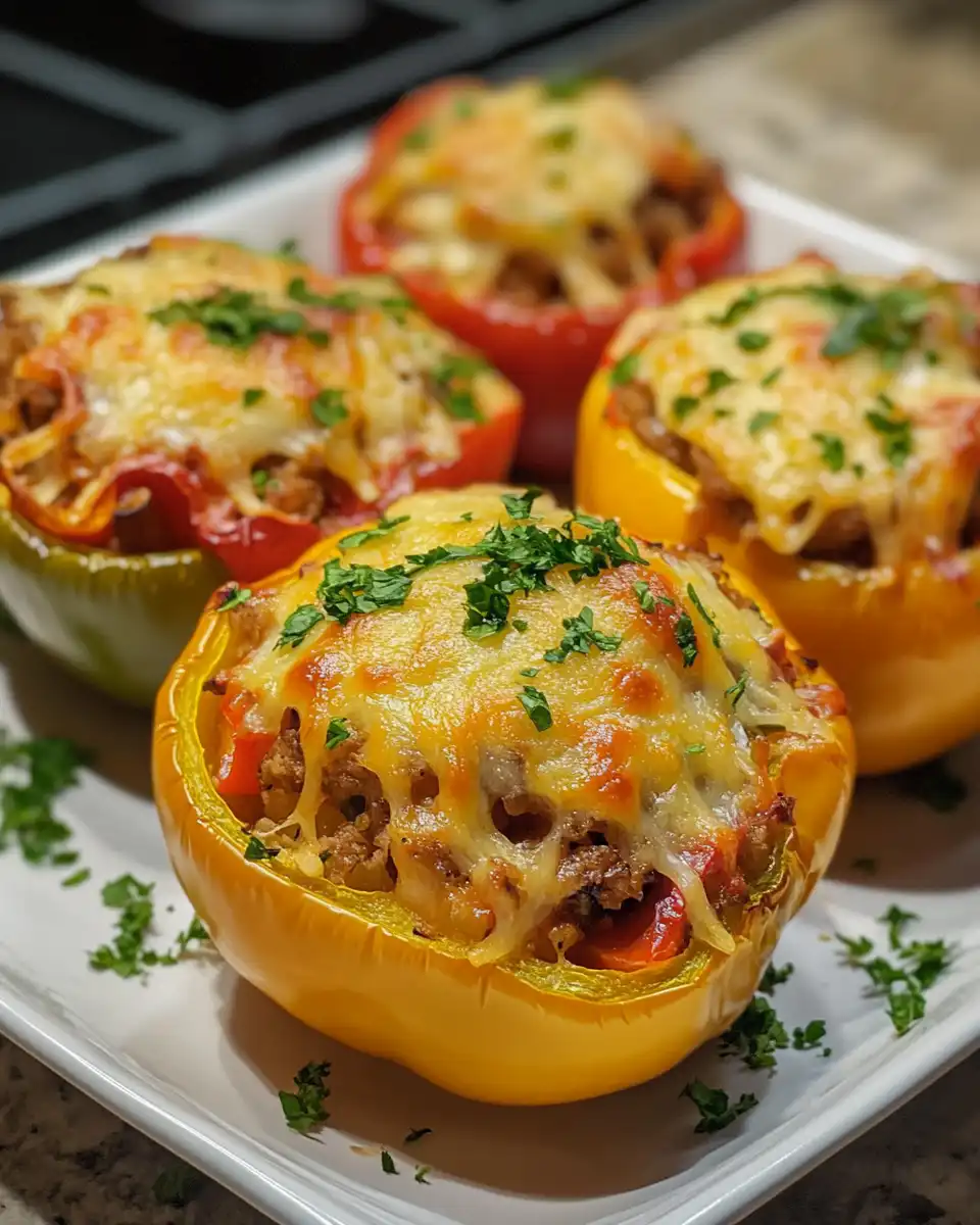Close-up of stuffed peppers being prepared.