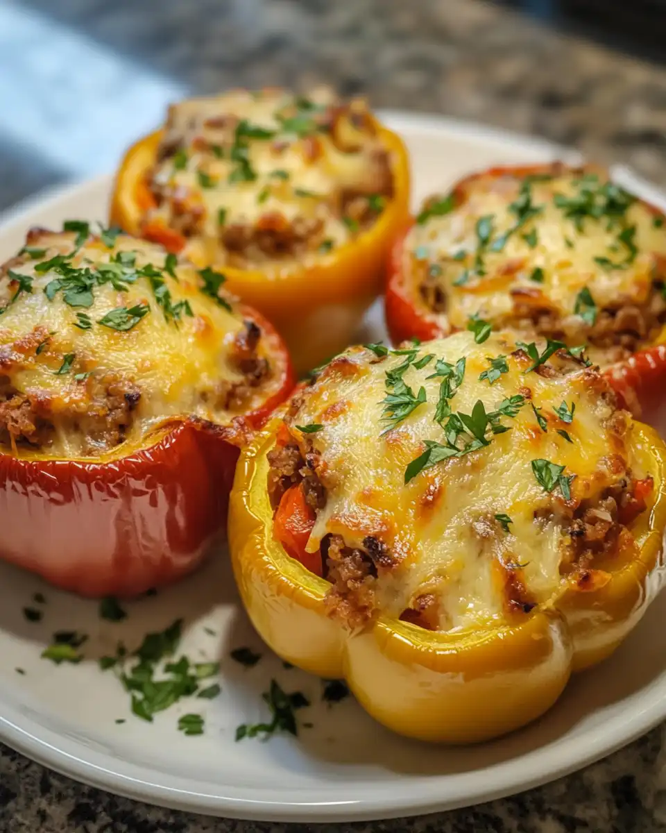 Served stuffed peppers on a plate.
