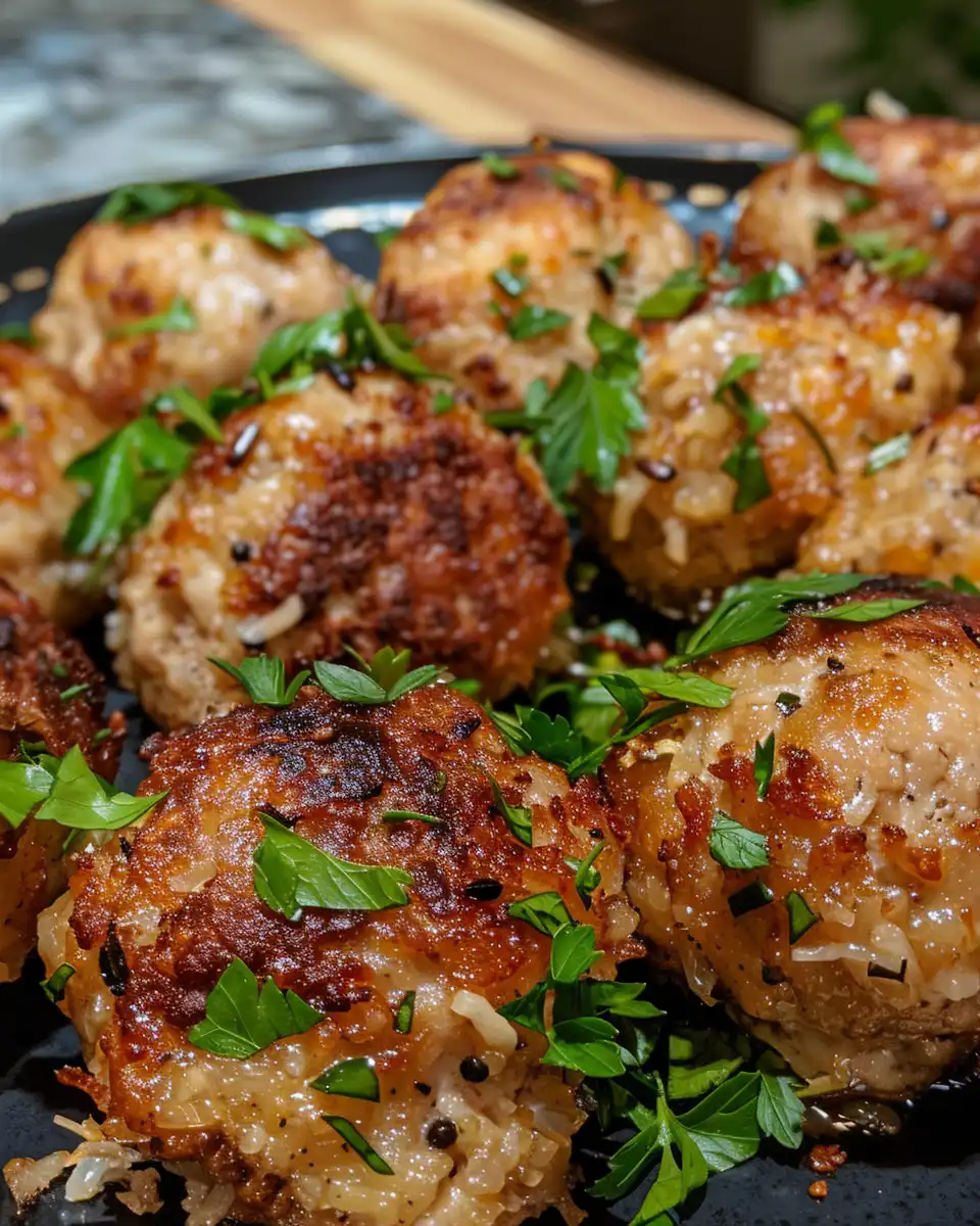 Served coconut chicken meatballs with creamy sauce and fresh herbs