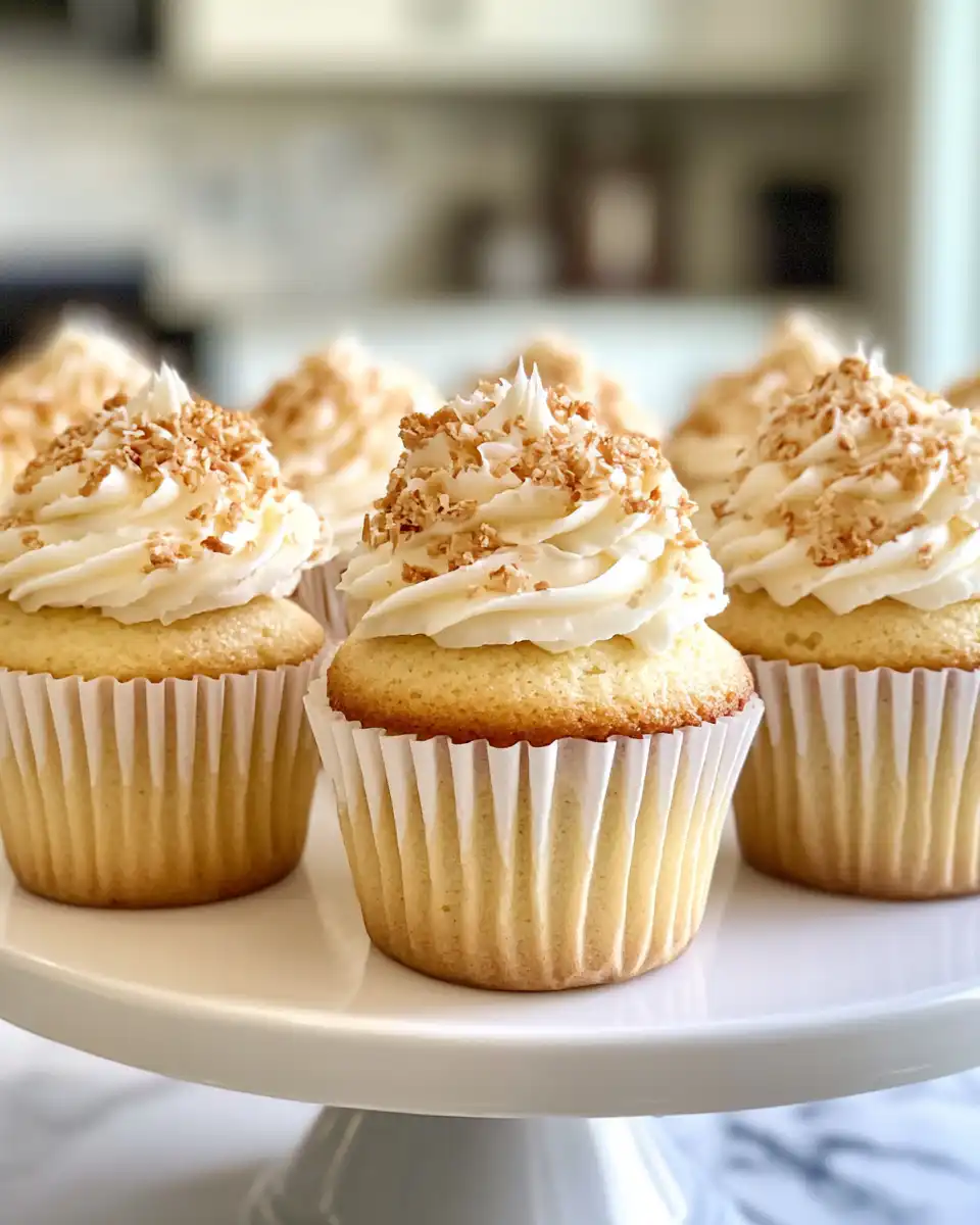 Side view of coconut cupcakes on a plate