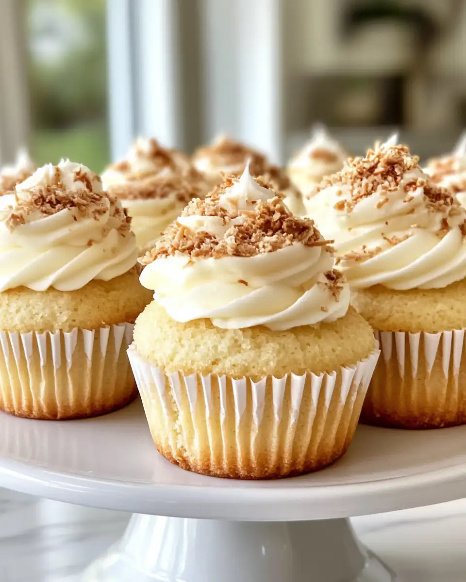 Golden coconut cupcakes resting on a cooling rack
