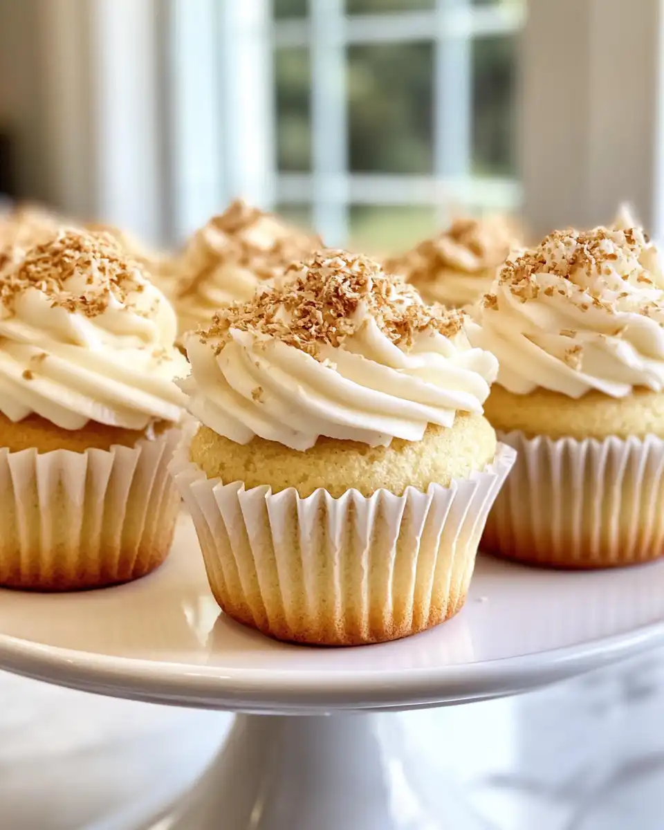 Close-up of coconut cupcakes with shredded coconut topping