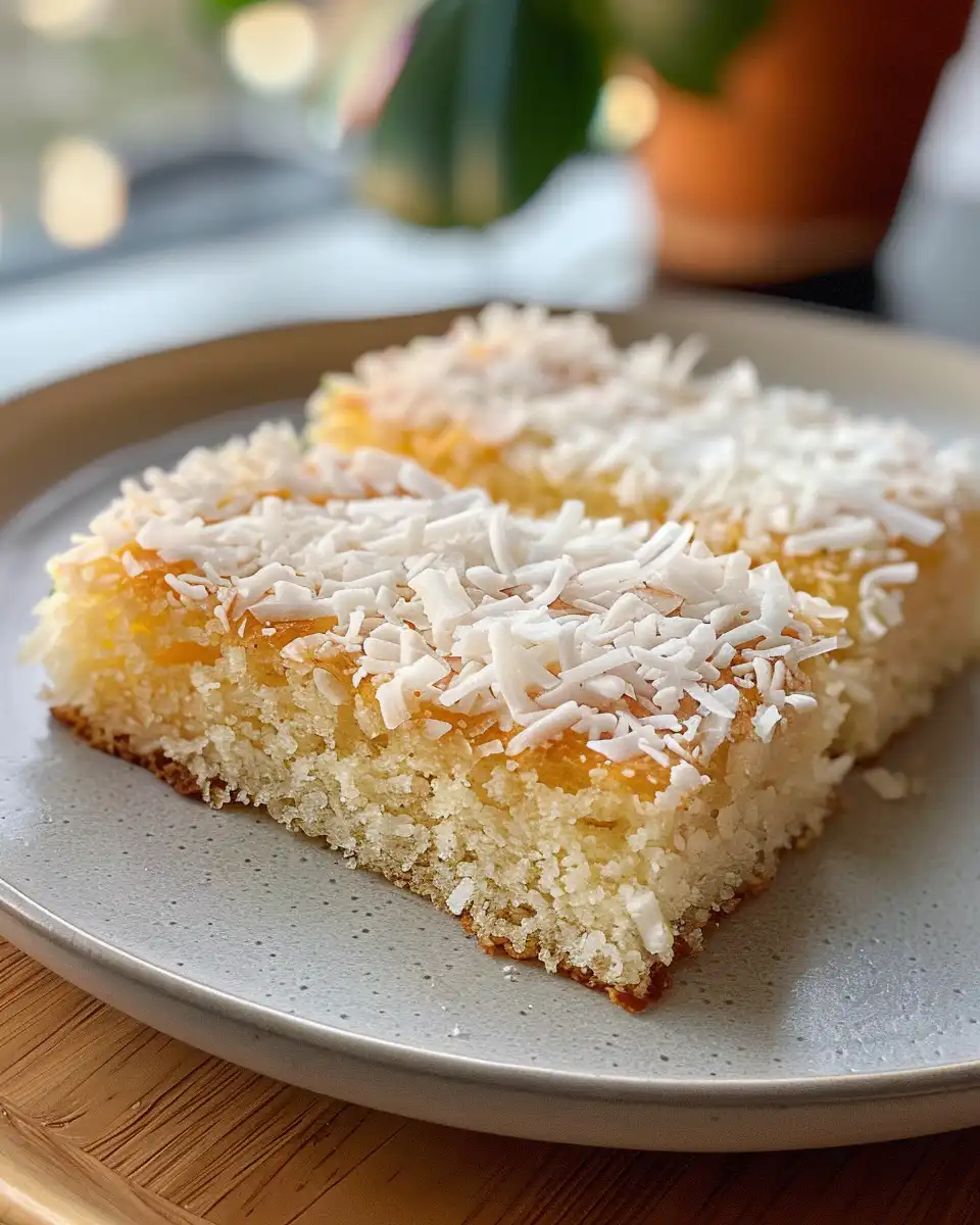 Slice of golden gluten free vegan coconut milk cake served on plate