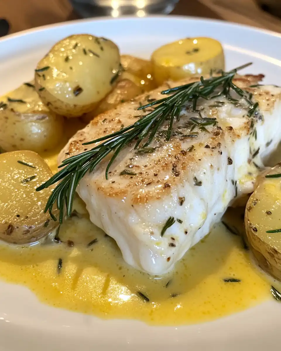 Perfectly plated cod and potatoes with rosemary cream sauce and parsley garnish