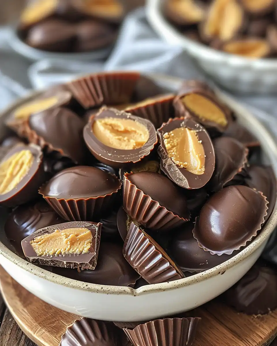 Finished peanut butter eggs with glossy dark chocolate coating