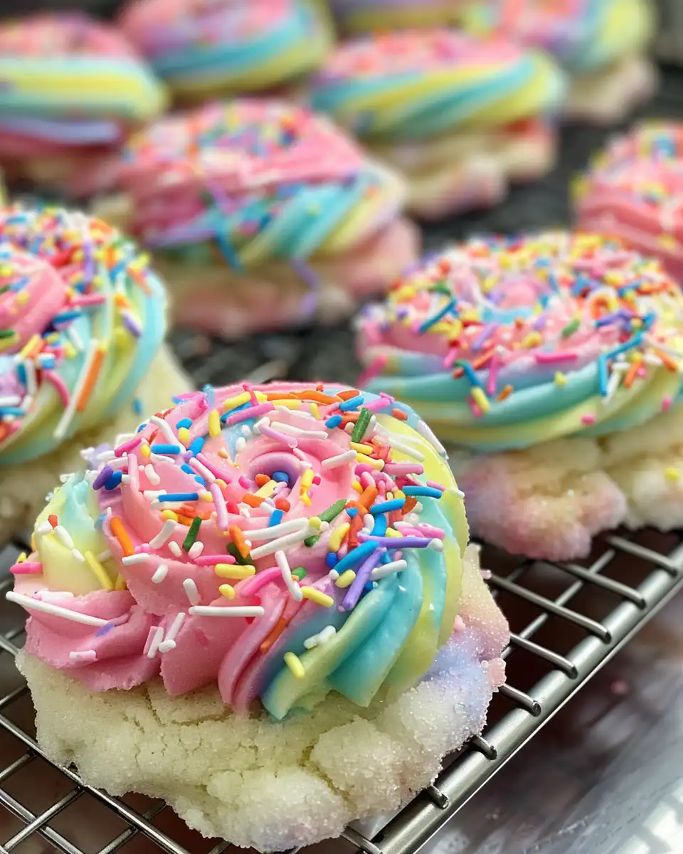 Closeup of cotton candy frosted sugar cookie showing soft texture and frosting