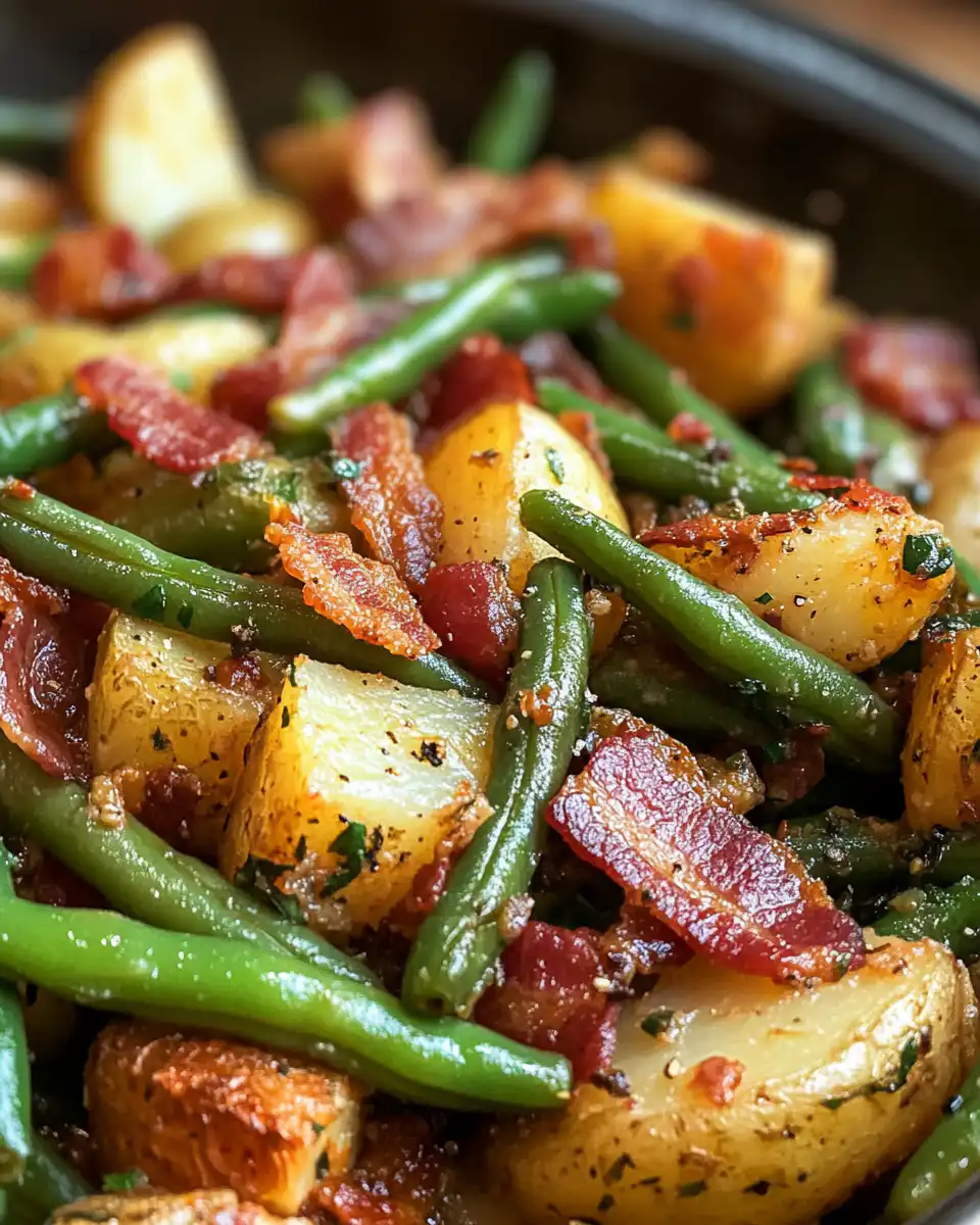 Ready to serve pressure cooker green beans and baby potatoes with bacon and butter