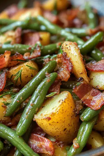 Country Ranch Green Beans 'and Potatoes with Bacon taken with iphone 15 pro max --iw 2 --ar 4:5 --v 6.1 --raw