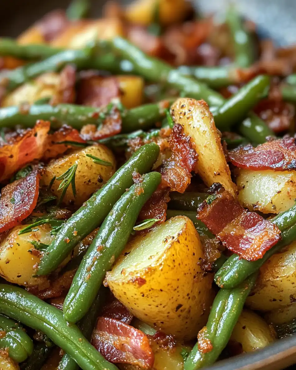 Pressure cooker with green beans and baby potatoes cooking with bacon