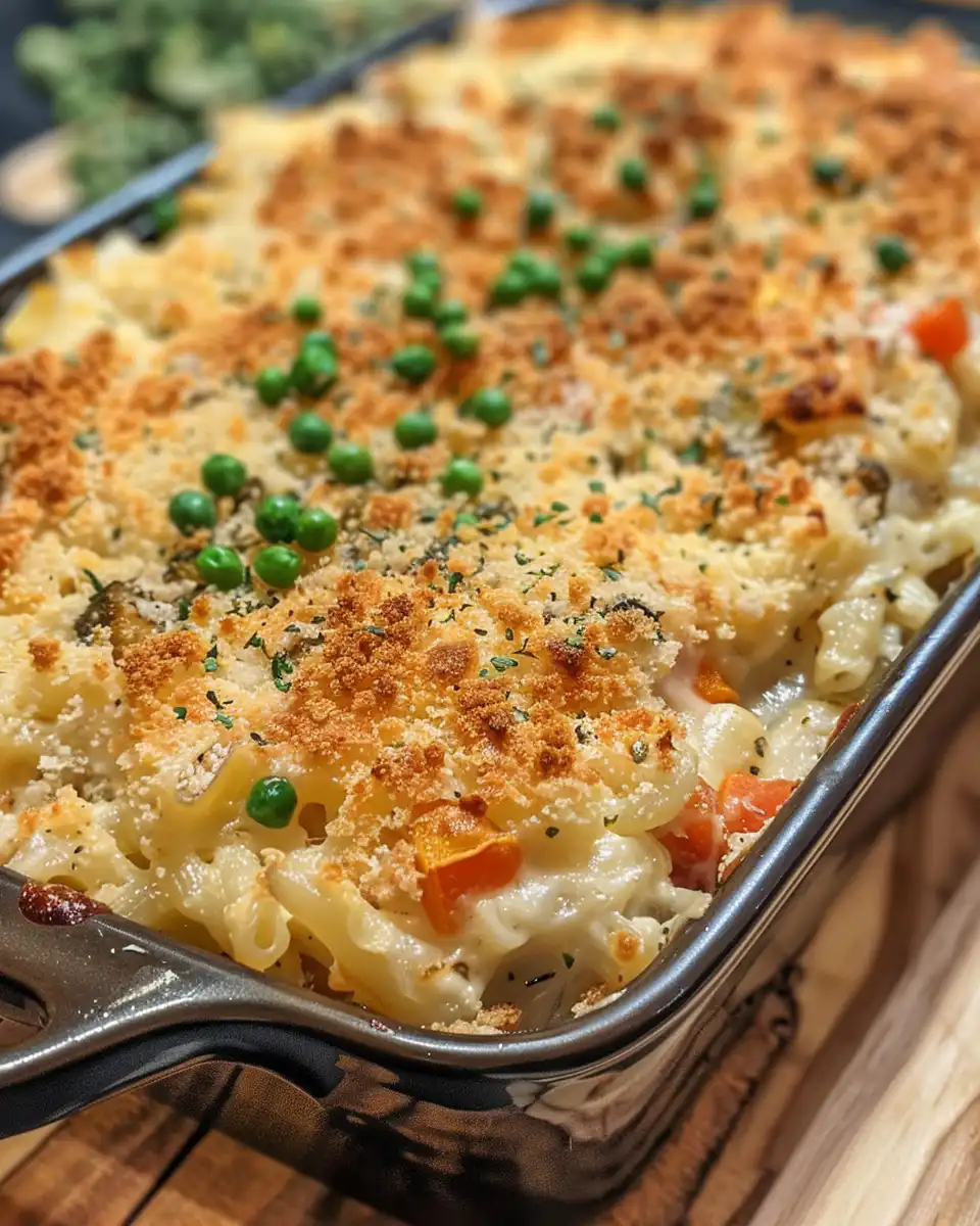 Close-up of crispy golden crust on creamy vegetable casserole