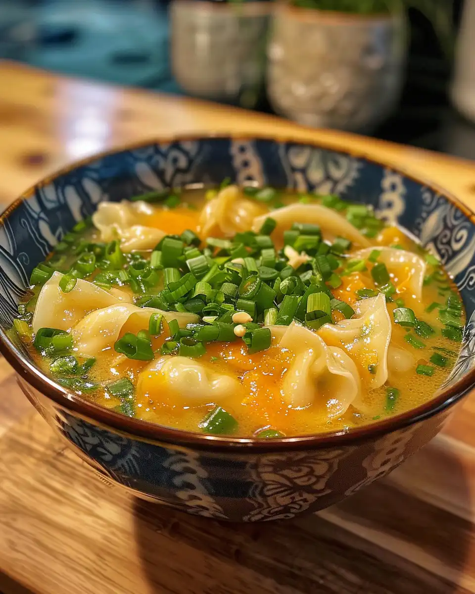 Serving bowl of finished potsticker soup garnished for eating