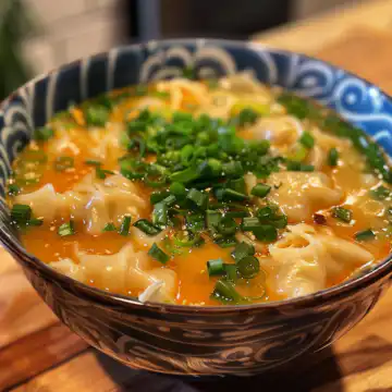 Cozy Potsticker Soup taken with iphone 15 pro max --iw 2 --ar 4:5 --v 6.0 --raw