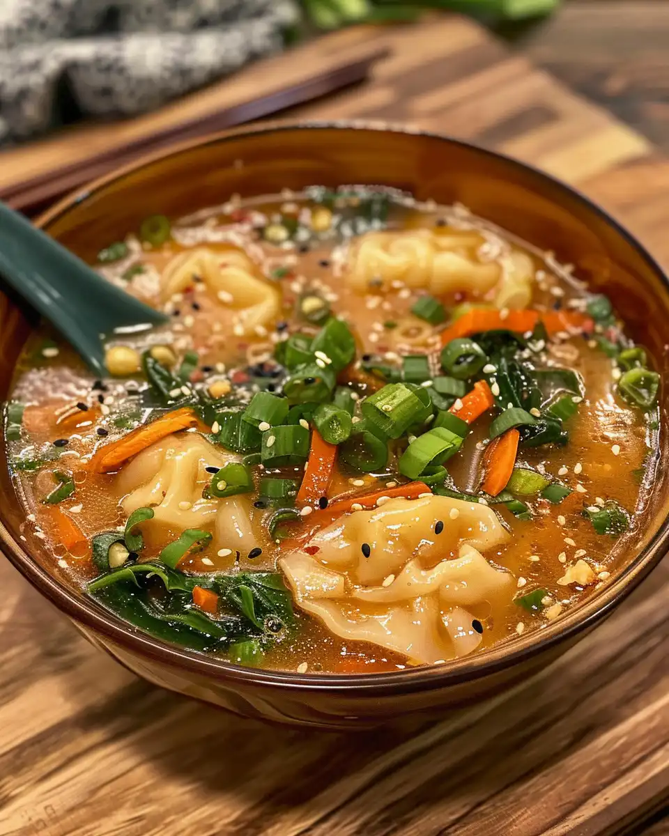 Ready to serve Thai red curry potsticker soup garnished with fresh herbs
