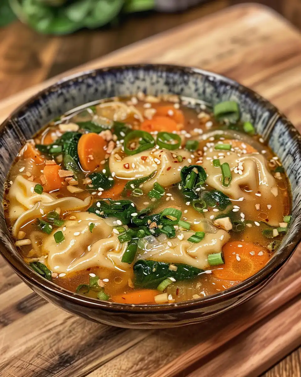 Steaming bowl of Thai red curry potsticker soup in pressure cooker
