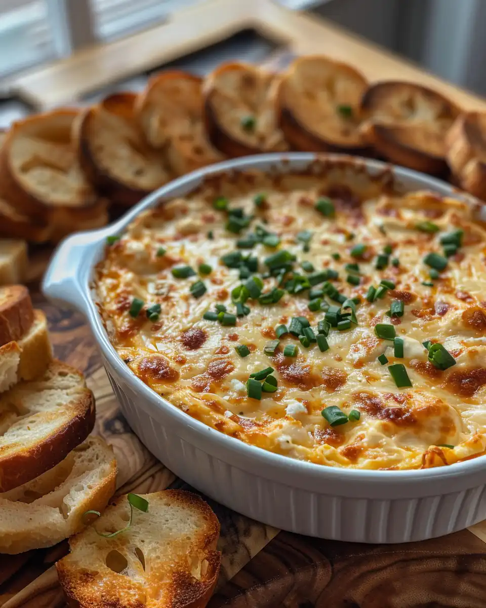 Serving of creamy cheese dip with bacon and green onion garnish
