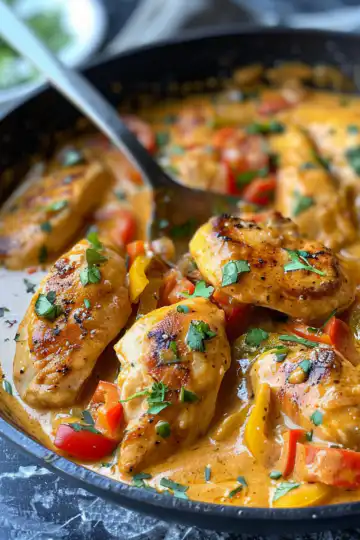 Creamy Banana Pepper Chicken Skillet taken with iphone 15 pro max --iw 2 --ar 4:5 --v 6.0 --raw