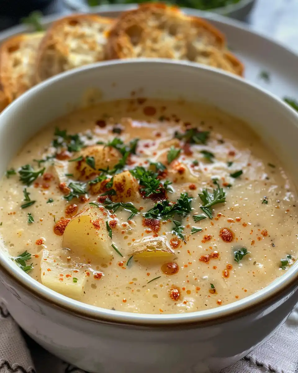 Creamy Cajun potato soup served garnished with parsley