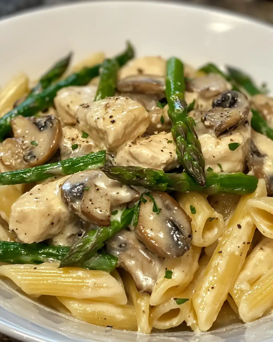 Fresh ingredients for creamy chicken and asparagus pasta including chicken, asparagus, and seasonings