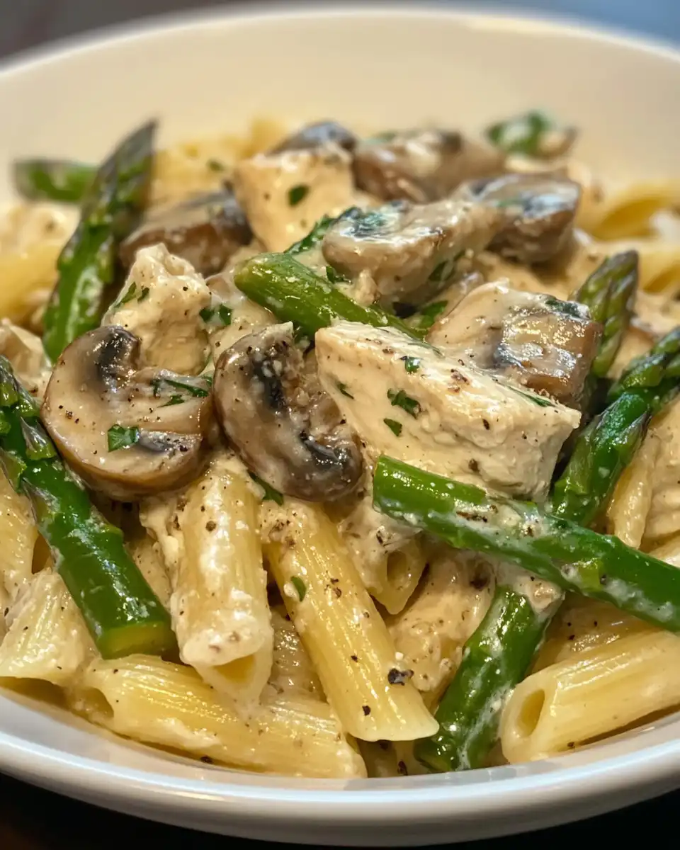 Creamy chicken and asparagus pasta served on plate, ready to eat