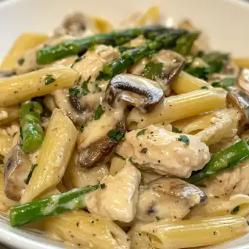 Creamy Mushroom & Asparagus Chicken Penne taken with iphone 15 pro max --iw 2 --ar 4:5 --v 6.1 --raw