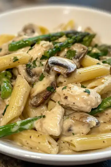 Creamy Mushroom & Asparagus Chicken Penne taken with iphone 15 pro max --iw 2 --ar 4:5 --v 6.1 --raw