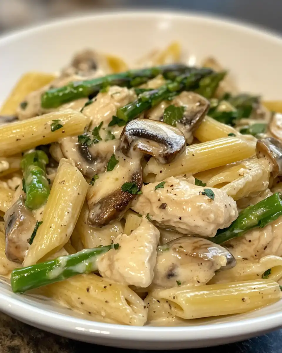 Creamy chicken and asparagus pasta steaming and fresh in pressure cooker