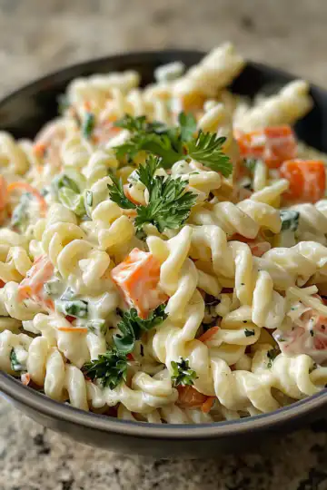 Creamy Pasta Salad taken with iphone 15 pro max --iw 2 --ar 4:5 --v 6.0 --raw