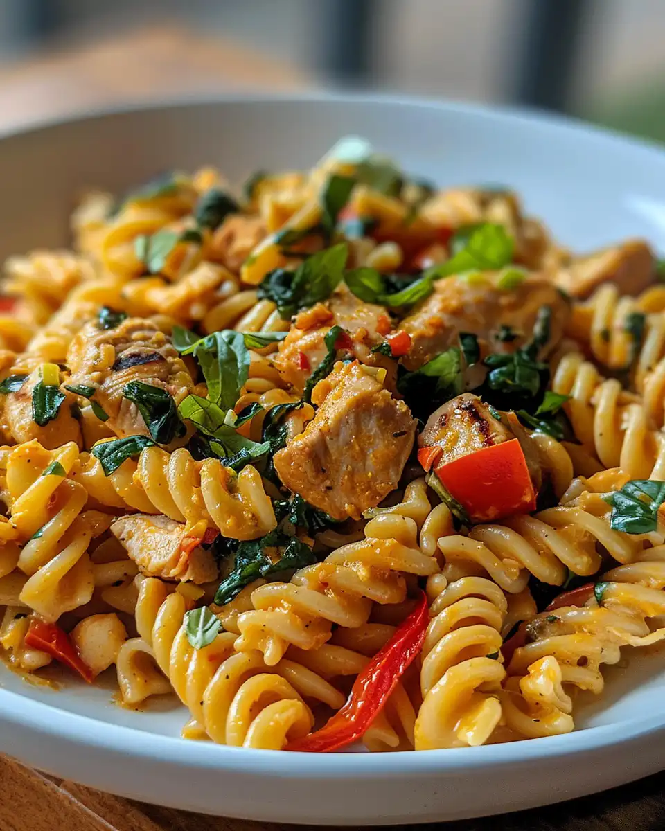 Fresh ingredients for creamy Rasta Pasta with bell peppers and jerk chicken