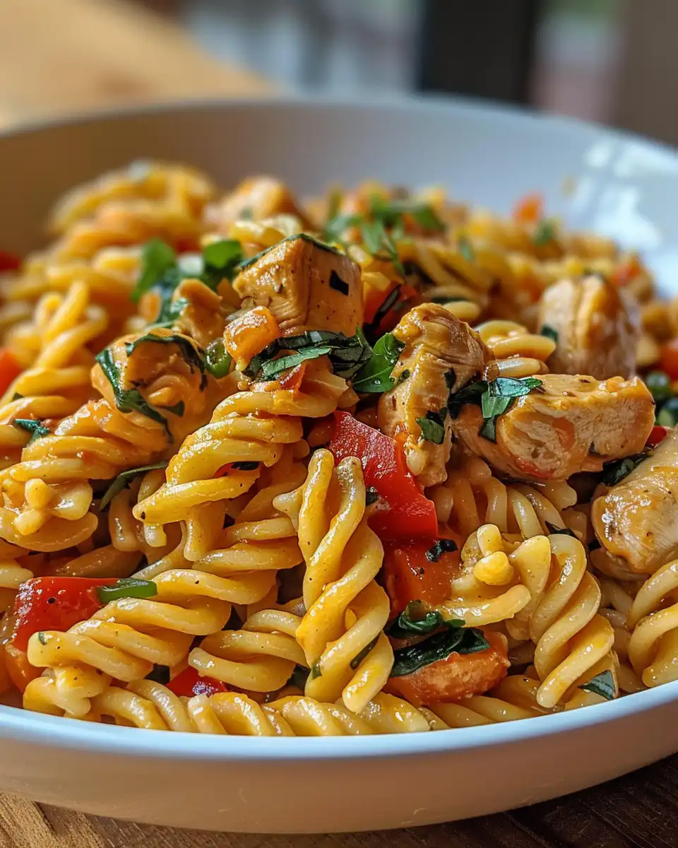 Serving creamy Rasta Pasta with juicy jerk chicken and fresh bell peppers