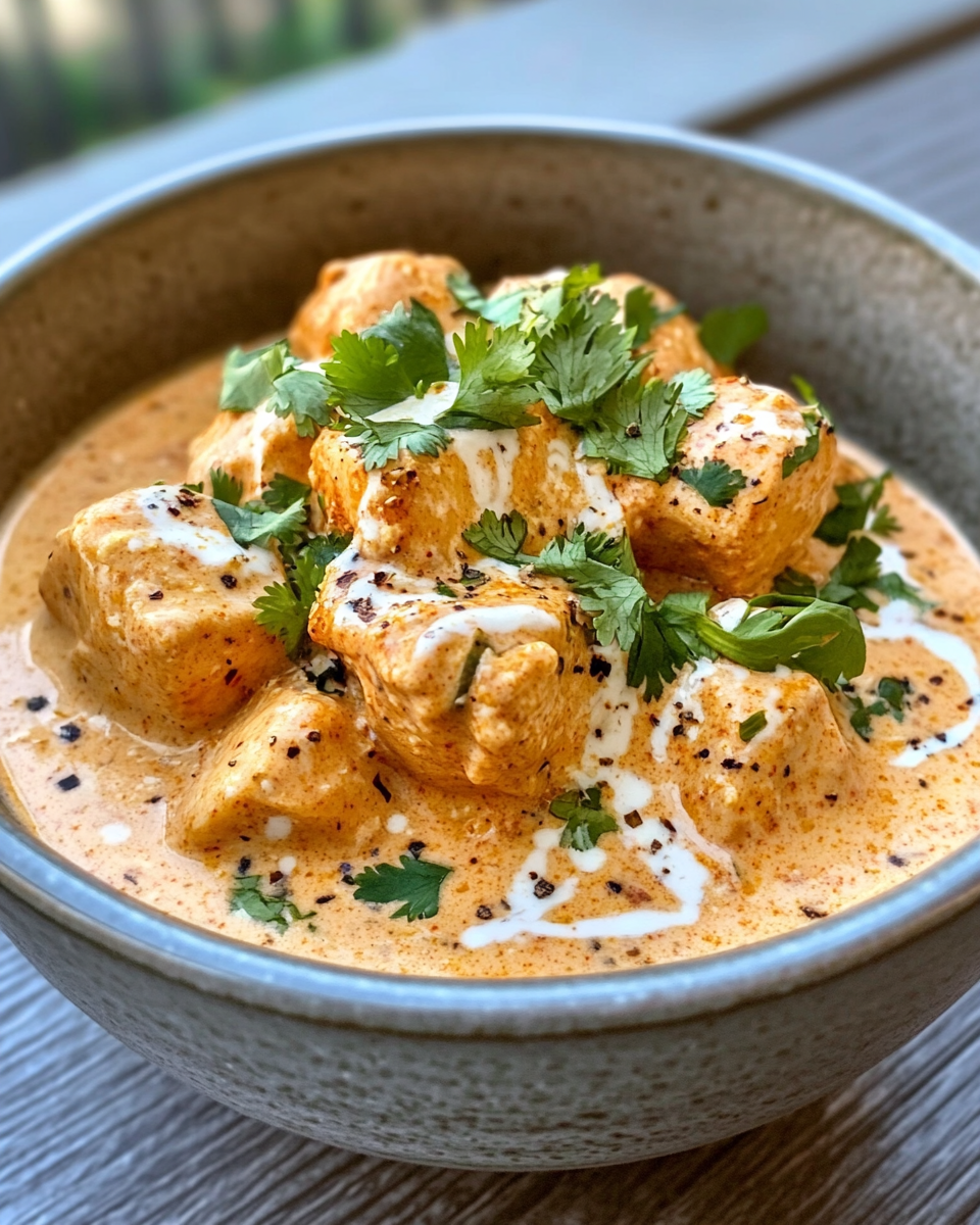 Finished plated creamy spicy Peruvian chicken with cilantro and lime garnish