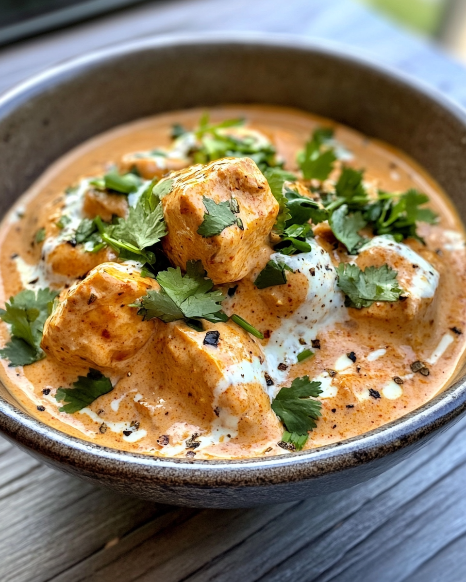 Steam rising from creamy spicy Peruvian chicken with Ají Amarillo sauce