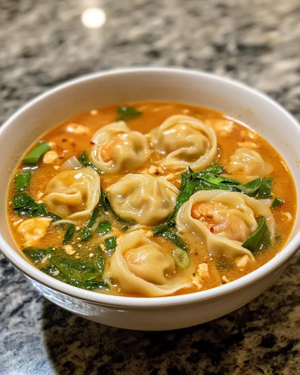 Bowl of creamy Thai dumpling soup served with fresh herbs and lime