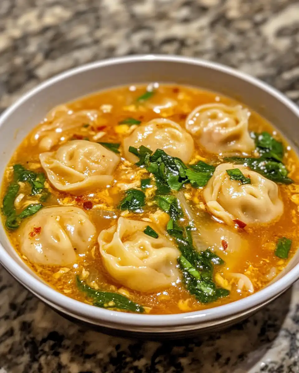 Steaming pot of creamy Thai dumpling soup with rich coconut and red curry aroma