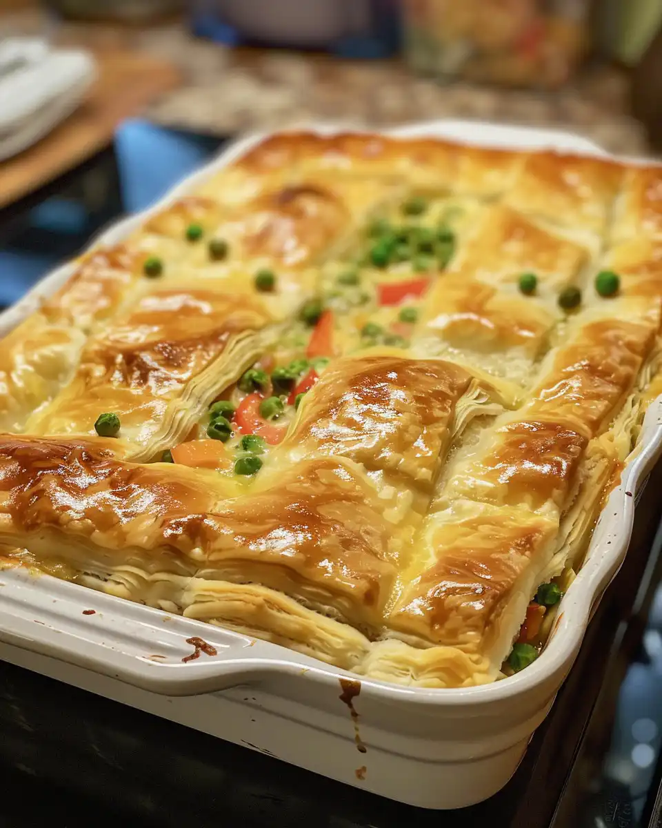 Ingredients mixed for crescent roll chicken pot pie casserole filling
