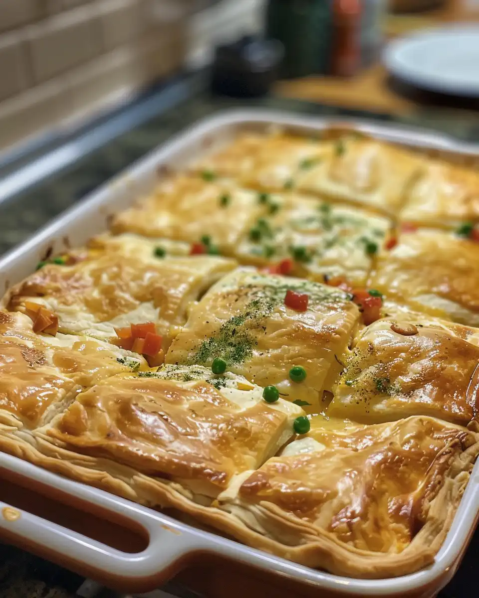 Serving of crescent roll chicken pot pie casserole with melted cheese