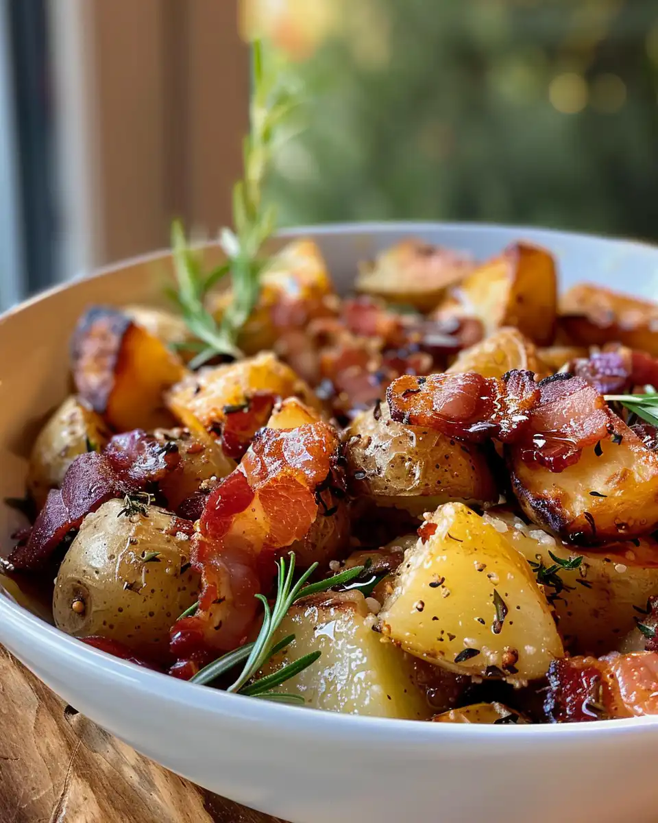 Ingredients for honey roasted potatoes with bacon and garlic in bowl