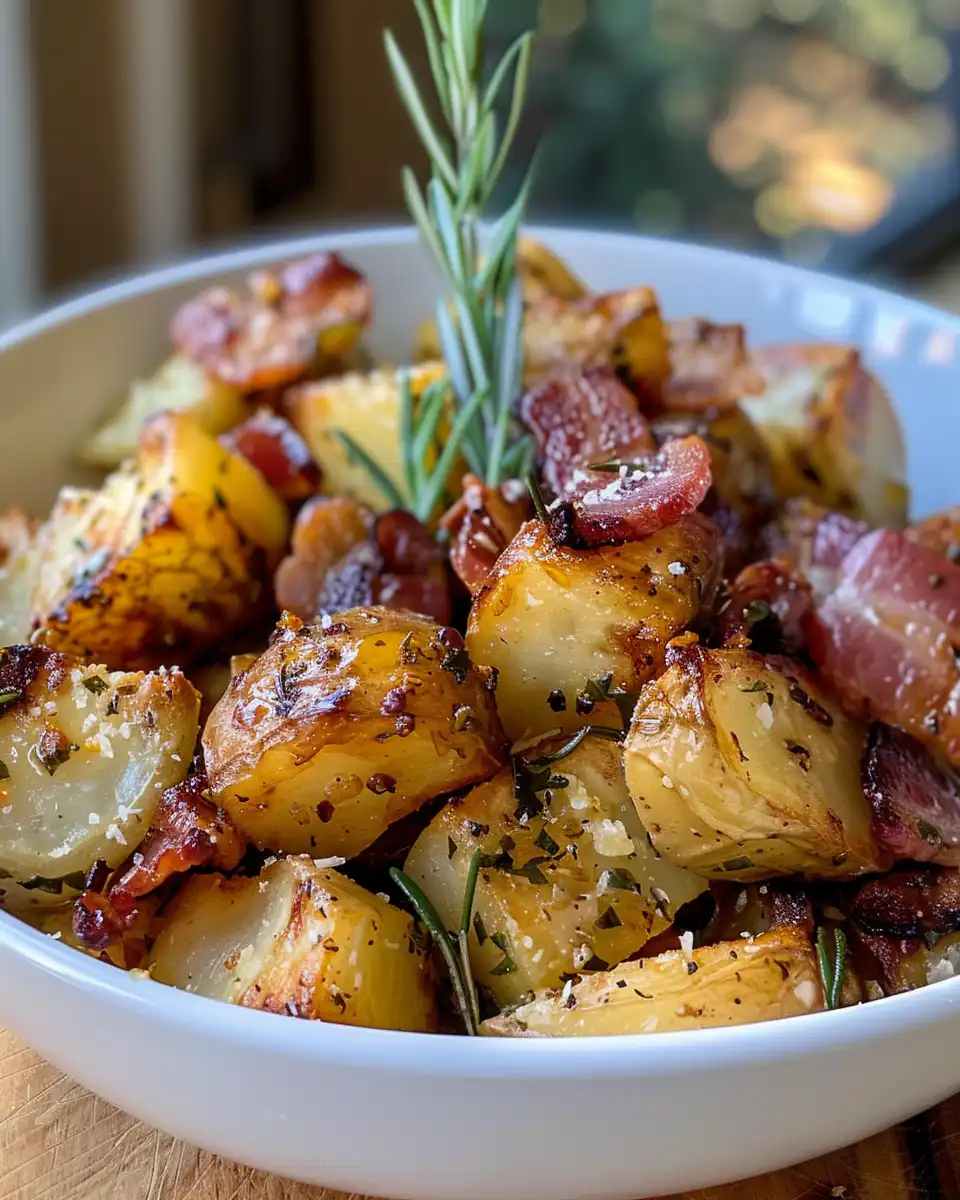 Finished crispy honey roasted potatoes with bacon and parsley