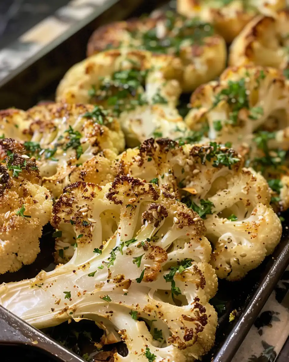Golden crusted cauliflower steaks ready to serve on a plate