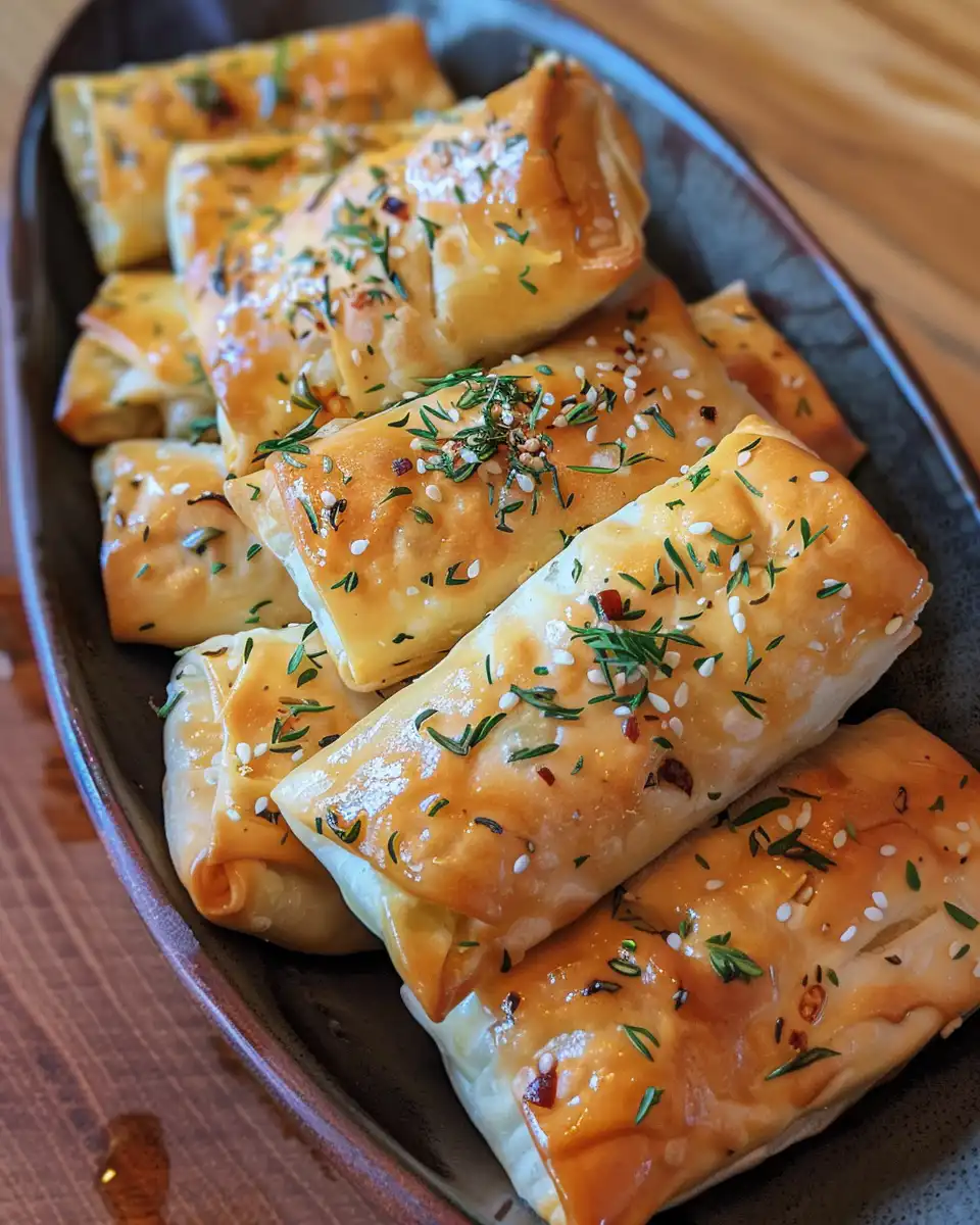 Ingredients for Oven Fried Feta Rolls including feta cheese, phyllo dough, olive oil, chili flakes, and honey