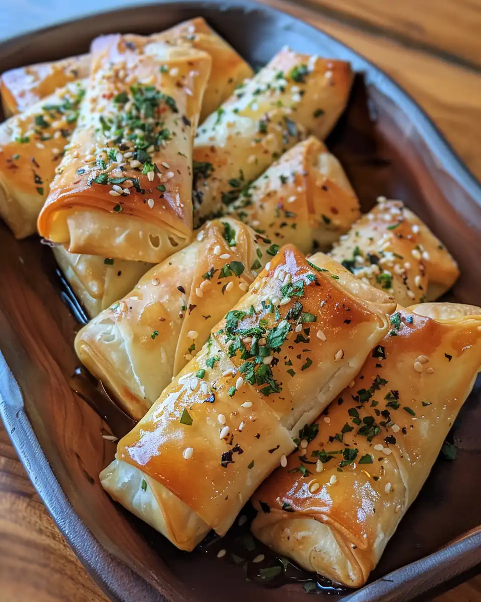 Finished oven fried feta rolls served with honey drizzle and chili flakes