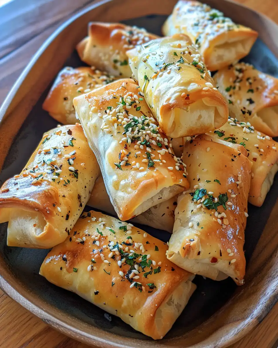 Golden oven fried feta rolls with crispy phyllo and chili honey glaze
