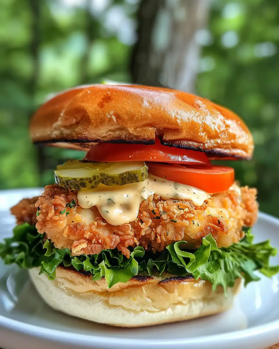 Assembled crispy dill chicken sandwich with lettuce, tomato, and aioli on toasted buns
