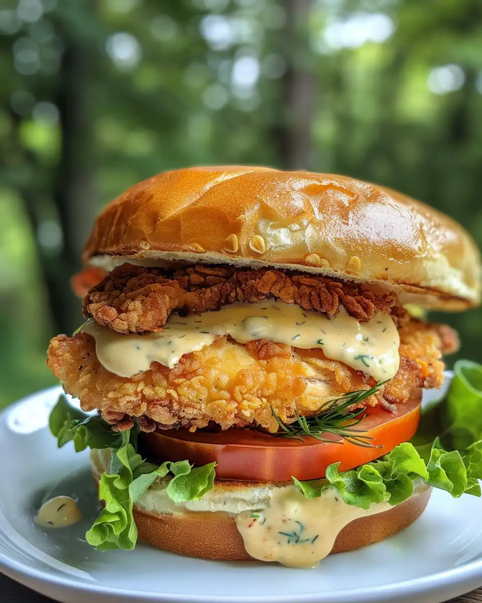 Crispy dill chicken sandwich with homemade aioli fresh from the cooker