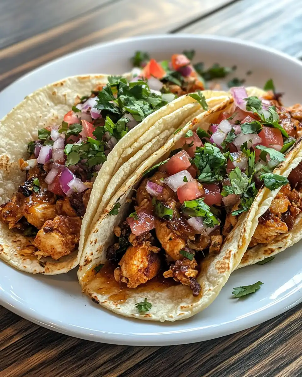 Final serving of honey chipotle chicken tacos plated and ready to eat